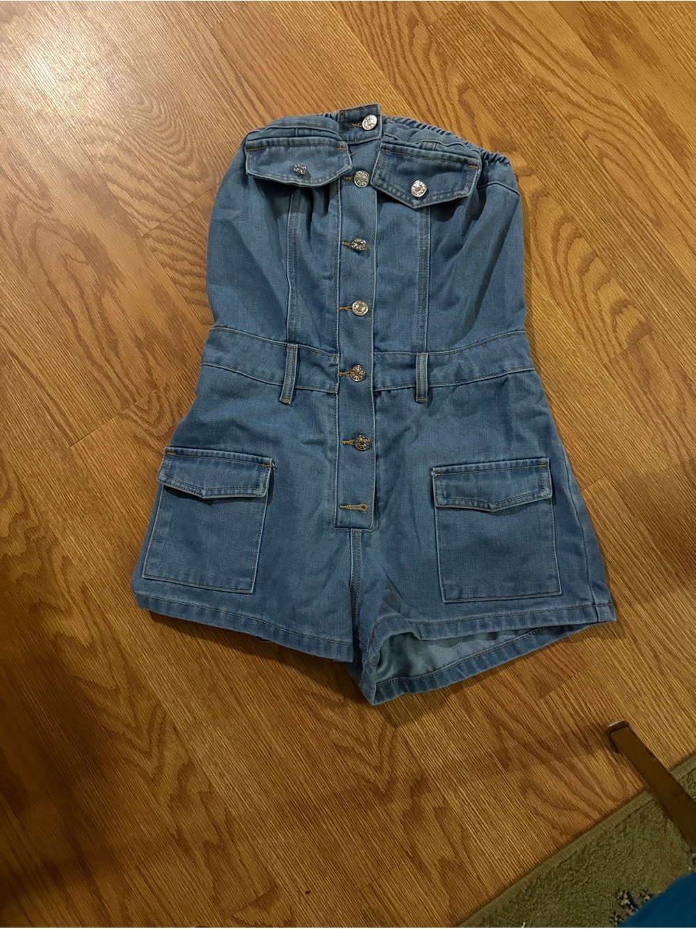 Strapless Denim Button Fitted Short Romper Size Small - Picture 6 of 9